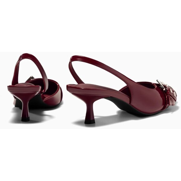 Women's Red Slingback Kitten Low Heels Closed Pointed Toe Pumps D’Orsay Buckle - Picture 5 of 5